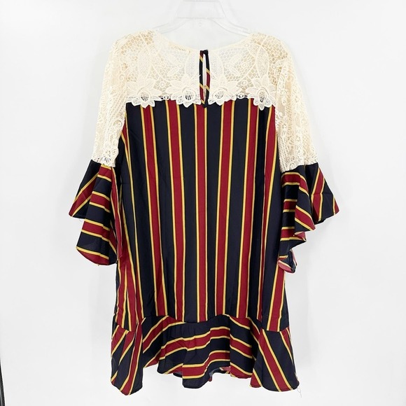 Bluheaven Black Red Striped Bell Sleeve Ruffle Hem Lace Shift Dress Size Medium - Picture 3 of 13